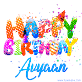 Animated GIF with colorful, festive 'Happy Birthday Avyaan' text decorated with patterns, a party hat, and falling confetti. A vibrant and cheerful design for birthday celebrations.