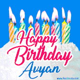 A cheerful animated GIF featuring colorful lit birthday candles on a white cake, with the text 'Happy Birthday Avyan' in bold red and blue script on a bright blue background.