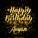 Animated GIF with colorful, festive 'Happy Birthday Avyan' text decorated with patterns, a party hat, and falling confetti. A vibrant and cheerful design for birthday celebrations.