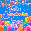 A vibrant animated GIF with 'Feliz Cumpleaños Avyan' written in colorful script, surrounded by balloons, confetti, and bunting on a bright blue background.