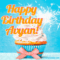 A cheerful animated GIF of a cupcake with creamy frosting, a red checkered ribbon, and a bright sparkler on top. The text 'Happy Birthday Avyan!' is displayed in vibrant orange and red.