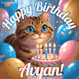 A playful tabby cat sits behind a colorful birthday cake surrounded by balloons and confetti, with 'Happy Birthday Avyan!' written above in festive letters.