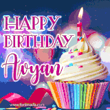 A festive animated GIF featuring a colorful cupcake with a single lit candle, sprinkles, and 'Happy Birthday Avyan' text against a sparkling, celebratory background.