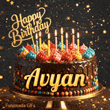 Shimmering birthday animation for Avyan featuring a delicious chocolate drip cake with glowing yellow candles.