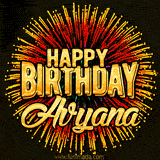 Golden 'Happy Birthday Avyana' text accompanied by animated rainbow fireworks for a festive animated greeting.