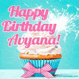 A festive cupcake with pink icing, a gingham bow, and a lit animated sparkler, paired with 'Happy Birthday Avyana!' in bright pink text.