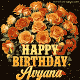 Animated bouquet of orange roses with moving butterfles and golden 'Happy Birthday Avyana' text, surrounded by sparkling accents and a dark backdrop for a luxurious feel.