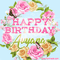 A charming animated GIF featuring 'Happy Birthday Avyana' in pink and green text, surrounded by delicate roses, leaves, and fluttering butterflies on a soft light blue pastel background.