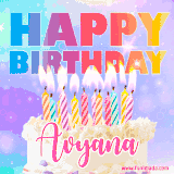 A vibrant animated name GIF with the words 'Happy Birthday Avyana' with colorful candles on a creamy cake. The background sparkles with pastel shades, adding a festive touch.