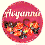 Beautifully decorated red velvet berry birthday cake with vibrant fruits and a glowing 'Avyanna' name, adding a touch of sweetness and sparkle.