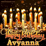 A glowing personalized birthday GIF with name Avyanna featuring lit candles with intricate designs, warm lighting, and the text 'Happy Birthday' in an elegant font.