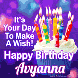 A colorful birthday GIF for Avyanna featuring a cupcake with vibrant lit candles and the text 'It's Your Day to Make a Wish! Happy Birthday Avyanna' in bold letters on a festive purple background.