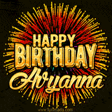 Golden 'Happy Birthday Avyanna' text accompanied by animated rainbow fireworks for a festive animated greeting.
