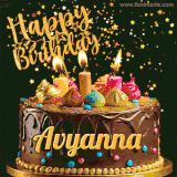 A delightful chocolate birthday cake with bright candles and 'Happy Birthday Avyanna' written in gold amidst a shower of animated stars.