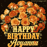 Animated bouquet of orange roses with moving butterfles and golden 'Happy Birthday Avyanna' text, surrounded by sparkling accents and a dark backdrop for a luxurious feel.