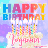 A vibrant animated name GIF with the words 'Happy Birthday Avyanna' with colorful candles on a creamy cake. The background sparkles with pastel shades, adding a festive touch.