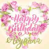 A stunning heart made of pink roses surrounds the elegant script text 'Happy Birthday Avyanna' on a soft beige background. Animated sparkles add a magical and festive feel.