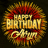 Golden 'Happy Birthday Avyn' text accompanied by animated rainbow fireworks for a festive animated greeting.