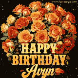Animated bouquet of orange roses with moving butterfles and golden 'Happy Birthday Avyn' text, surrounded by sparkling accents and a dark backdrop for a luxurious feel.