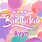 A vibrant name GIF featuring colorful balloons in shades of pink, orange, and yellow with the bold text 'Happy Birthday Avyn' in festive fonts, creating a lively birthday vibe.