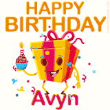 A vibrant and funny gift box character with a happy face dancing with a cupcake and the text 'Happy Birthday Avyn,' surrounded by animated confetti and party vibes.