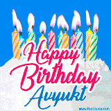 A cheerful animated GIF featuring colorful lit birthday candles on a white cake, with the text 'Happy Birthday Avyukt' in bold red and blue script on a bright blue background.