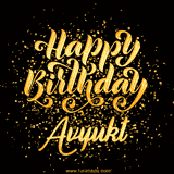 Animated GIF with colorful, festive 'Happy Birthday Avyukt' text decorated with patterns, a party hat, and falling confetti. A vibrant and cheerful design for birthday celebrations.