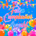 A vibrant animated GIF with 'Feliz Cumpleaños Avyukt' written in colorful script, surrounded by balloons, confetti, and bunting on a bright blue background.