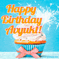 A cheerful animated GIF of a cupcake with creamy frosting, a red checkered ribbon, and a bright sparkler on top. The text 'Happy Birthday Avyukt!' is displayed in vibrant orange and red.