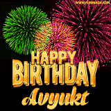 A captivating GIF with bursts of green, pink, and orange fireworks lighting up the night sky, accompanied by 'Happy Birthday Avyukt' in glowing golden text.