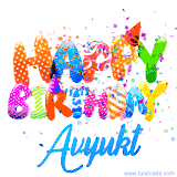 Animated GIF with colorful, festive 'Happy Birthday Avyukt' text decorated with patterns, a party hat, and falling confetti. A vibrant and cheerful design for birthday celebrations.