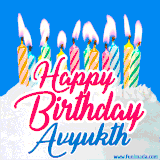 A cheerful animated GIF featuring colorful lit birthday candles on a white cake, with the text 'Happy Birthday Avyukth' in bold red and blue script on a bright blue background.