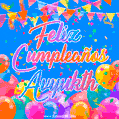 A vibrant animated GIF with 'Feliz Cumpleaños Avyukth' written in colorful script, surrounded by balloons, confetti, and bunting on a bright blue background.