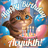 A playful tabby cat sits behind a colorful birthday cake surrounded by balloons and confetti, with 'Happy Birthday Avyukth!' written above in festive letters.