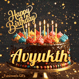 Happy Birthday Avyukth animated image showcasing a decorated chocolate cake on a pedestal with glowing candles.