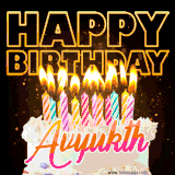 A vibrant animated GIF featuring a delicious birthday cake topped with glowing candles and the name 'Avyukth' in elegant script, and the words 'Happy Birthday' on the black background.