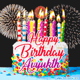 A lively happy birthday animated GIF showcasing a colorful birthday cake covered in sprinkles, topped with glowing candles, and surrounded by vibrant fireworks. The name 'Avyukth' is featured in elegant script.