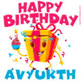 A funny animated birthday GIF with the words 'Happy Birthday Avyuktha', colorful gift box with arms and legs, holding a cupcake with a lit candle  with confetti everywhere.
