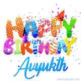 Animated GIF with colorful, festive 'Happy Birthday Avyukth' text decorated with patterns, a party hat, and falling confetti. A vibrant and cheerful design for birthday celebrations.