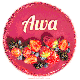 Beautifully decorated red velvet berry birthday cake with vibrant fruits and a glowing 'Awa' name, adding a touch of sweetness and sparkle.