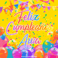 A bright and festive GIF with the text 'Feliz Cumpleaños Awa' in Spanish in colorful fonts, surrounded by confetti, balloons, and festive banners on a vibrant yellow background.