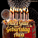 A chocolate birthday cake with glowing candles, the German text 'Alles Gute zum Geburtstag Awa,' and vibrant fireworks lighting up the background in an animated GIF.
