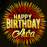 Golden 'Happy Birthday Awa' text accompanied by animated rainbow fireworks for a festive animated greeting.