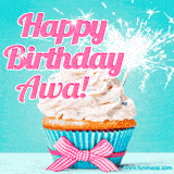 A festive cupcake with pink icing, a gingham bow, and a lit animated sparkler, paired with 'Happy Birthday Awa!' in bright pink text.