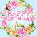 A charming animated GIF featuring 'Happy Birthday Awa' in pink and green text, surrounded by delicate roses, leaves, and fluttering butterflies on a soft light blue pastel background.