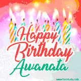 Bright birthday candles with rainbow flames on a cake, alongside the text 'Happy Birthday Awanata' in vibrant script in this celebratory animated GIF.