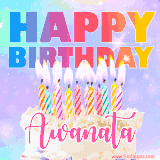 A vibrant animated name GIF with the words 'Happy Birthday Awanata' with colorful candles on a creamy cake. The background sparkles with pastel shades, adding a festive touch.