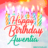 Bright birthday candles with rainbow flames on a cake, alongside the text 'Happy Birthday Awentia' in vibrant script in this celebratory animated GIF.