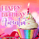 A vibrant birthday GIF featuring a rainbow-colored cupcake topped with white frosting, sprinkles, and a lit candle. The text reads 'Happy Birthday Awentia' in bold pink and violet letters with white outline.