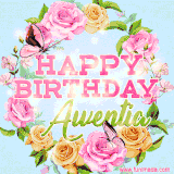 A charming animated GIF featuring 'Happy Birthday Awentia' in pink and green text, surrounded by delicate roses, leaves, and fluttering butterflies on a soft light blue pastel background.